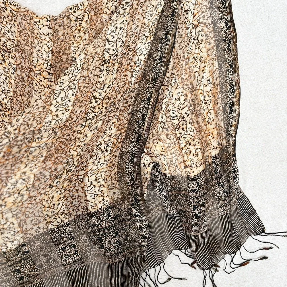 Luxury Batik Print‎ Silk Cape Shawl Wrap Brown Black Block Print Pattern Italy